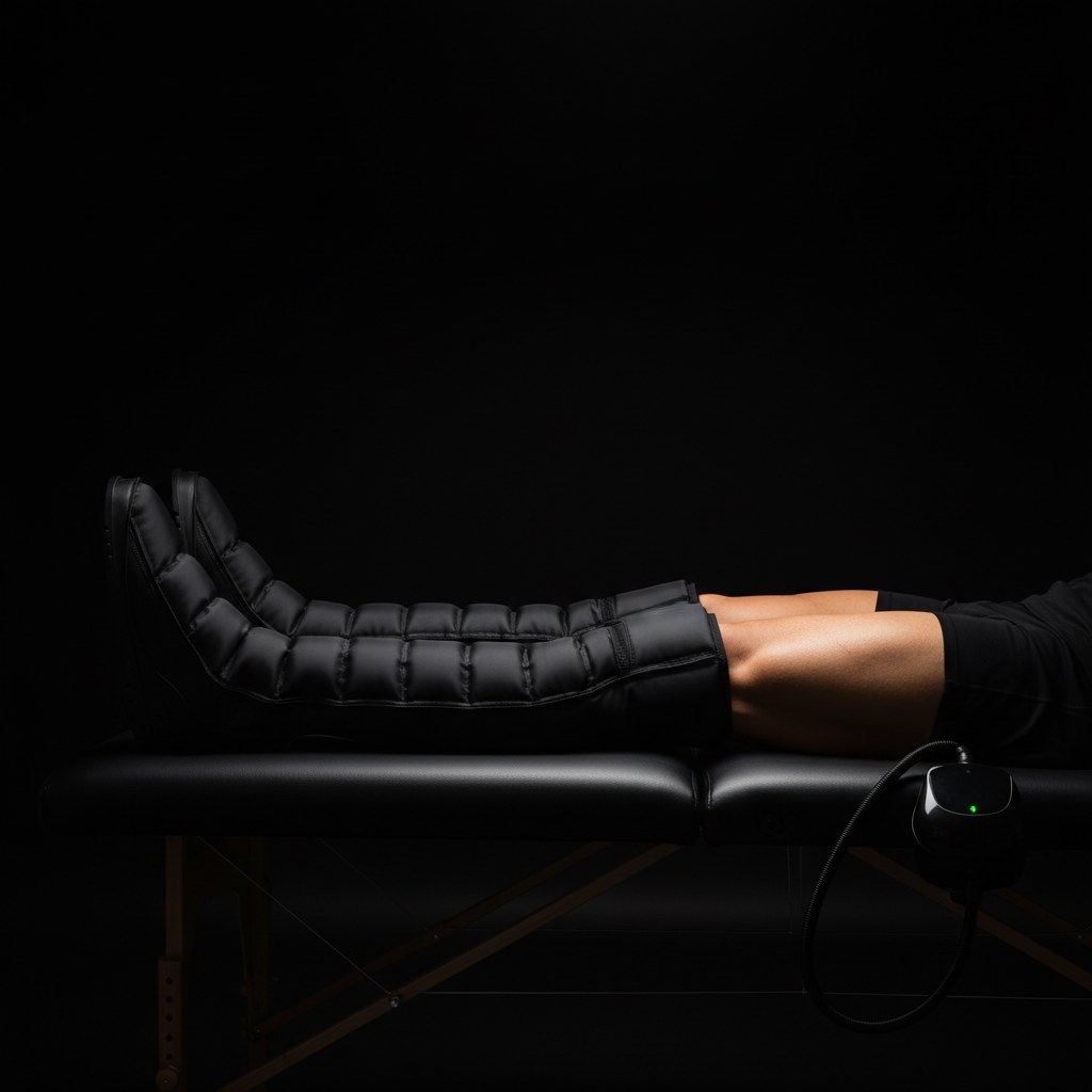 Athlete in matte black Normatec compression boots at Legendary Recovery Miami, recovery session in progress