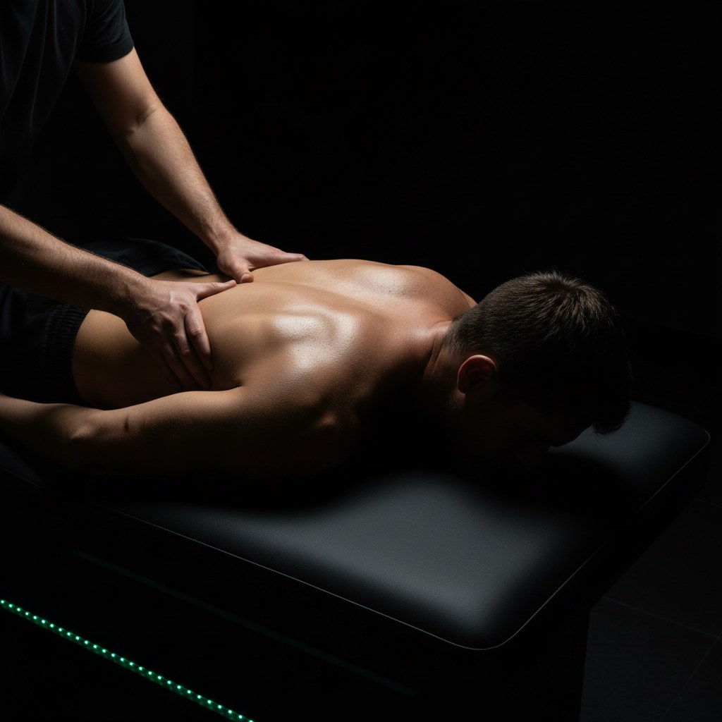Deep tissue sports massage on athlete's upper back at Legendary Recovery Miami, licensed therapist hands working trapezius